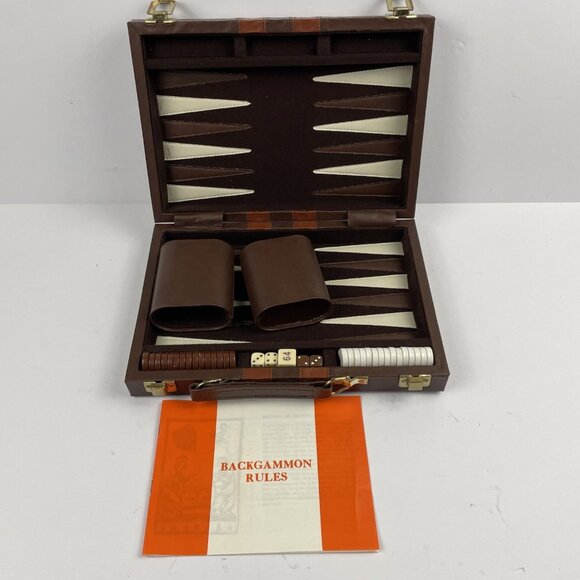 Es-kapade Travel Backgammon Set Brown Leather Magnetic COMPLETE Vintage - Picture 1 of 6